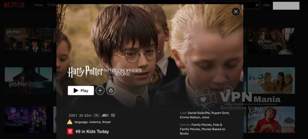 watching SHarry Potter "Harry Potter and the Philosopher's Stone" on Netflix in canada