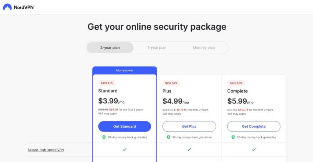 NordVPN price page