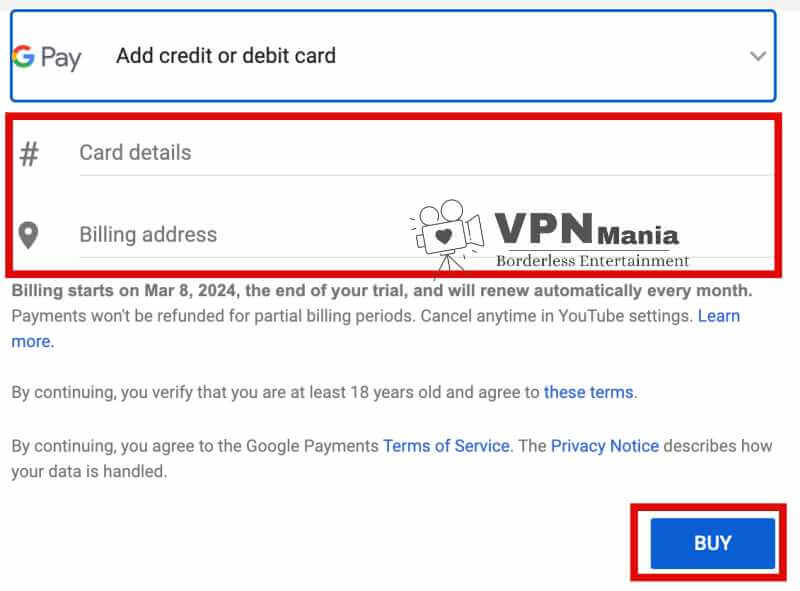 payment page on YouTube premium via Ukraine