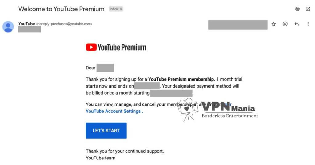 Get confirmation email YouTube premium via Argentina