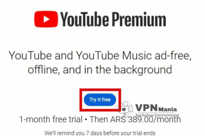 Try it free page on YouTube premium via Argentina